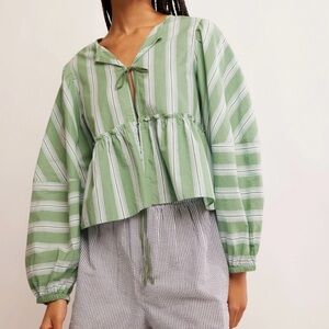 Green Free People Striped Long Sleeve Blouse M